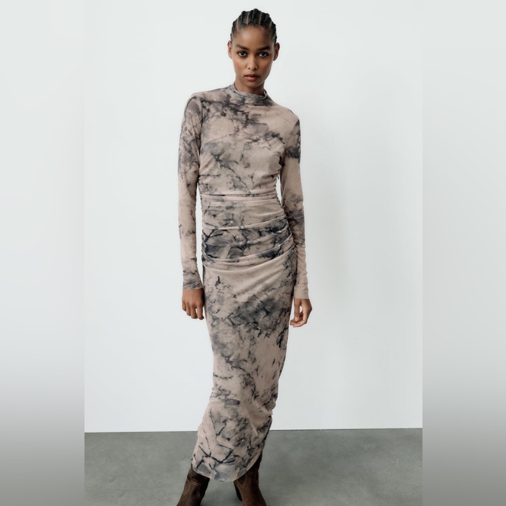 Zara Beige and Black Marble-Print Maxi Dress - Picture 2 of 5